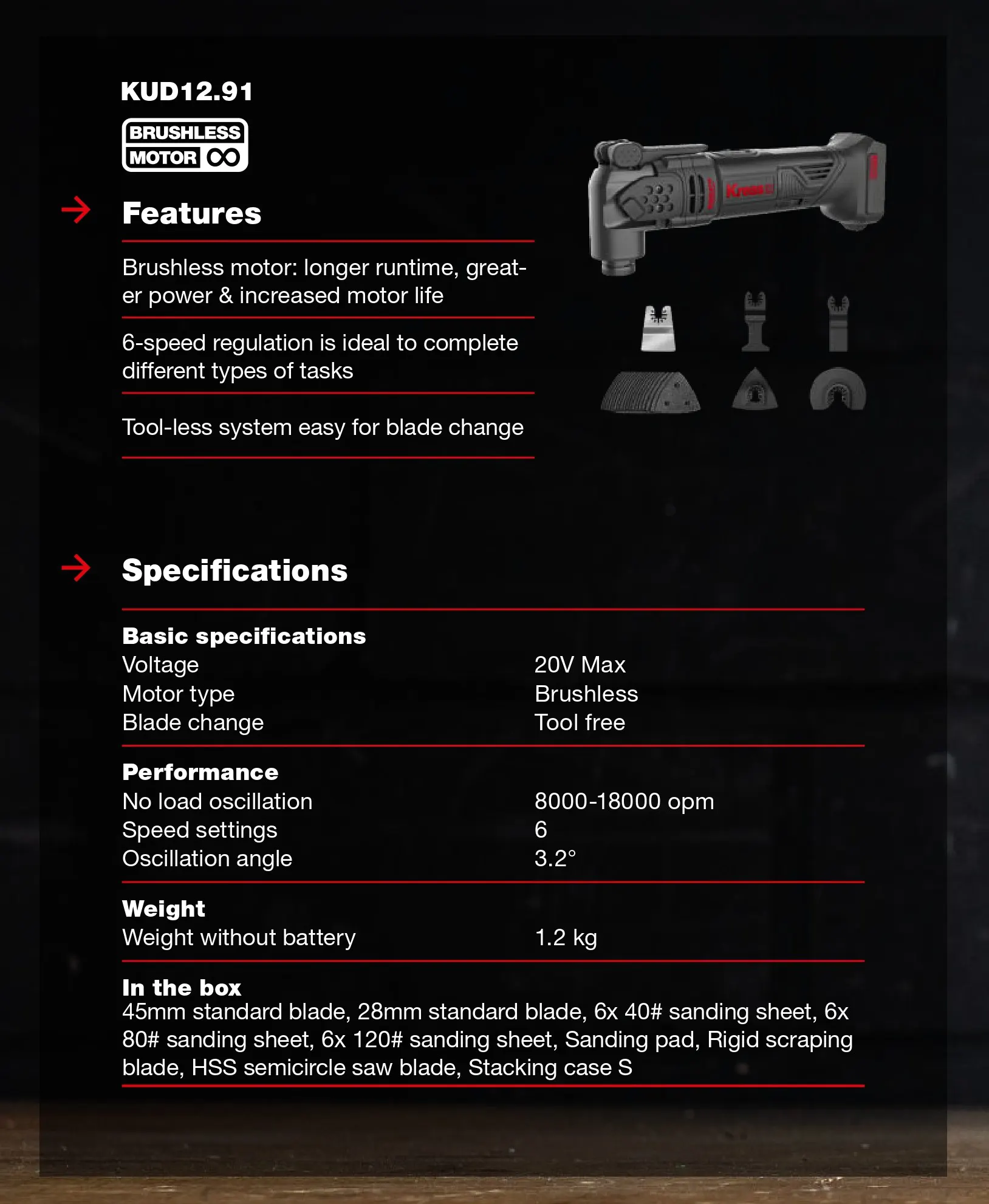 Kress KUD12.91 20V Cordless Oscillating Multi-Tool features